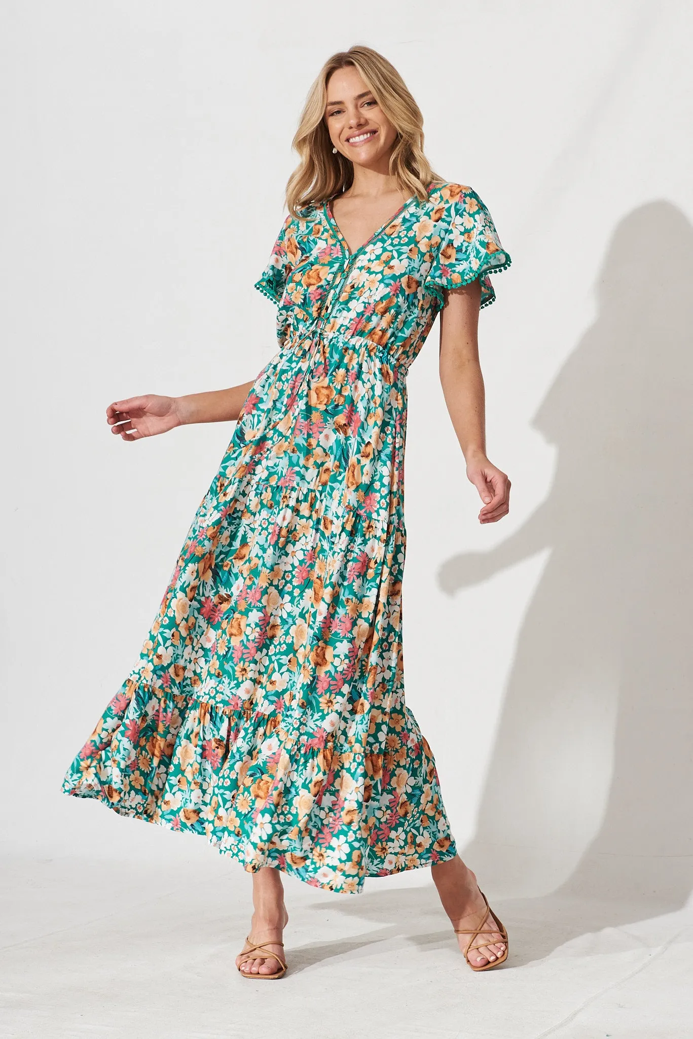 Daryl Maxi Dress In Green With Peach Floral sold by St Frock