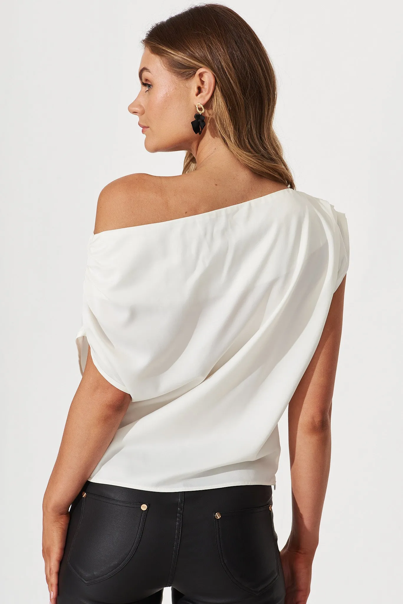 Liana Off Shoulder Top In White Satin sold by St Frock product image thumbnail 4