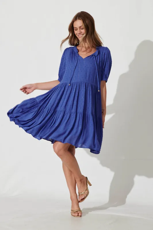 May Smock Dress In Blue With Lurex Stripe sold by St Frock
