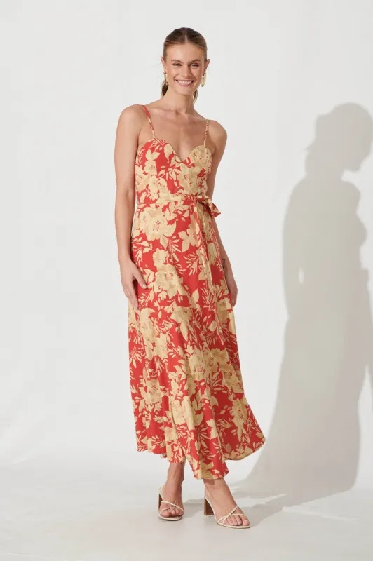 Beachside Maxi Sundress In Red With Beige Floral Linen Blend sold by St Frock