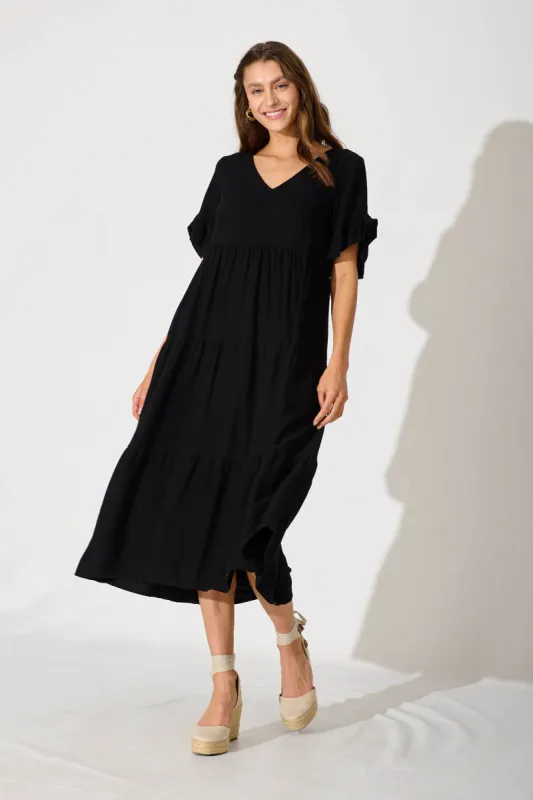 Kristen Midi Smock Dress In Black Linen Blend sold by St Frock