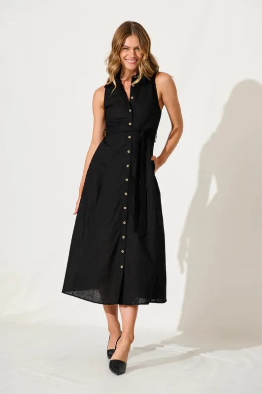 Thalia Maxi Shirt Dress In Black Cotton Blend sold by St Frock