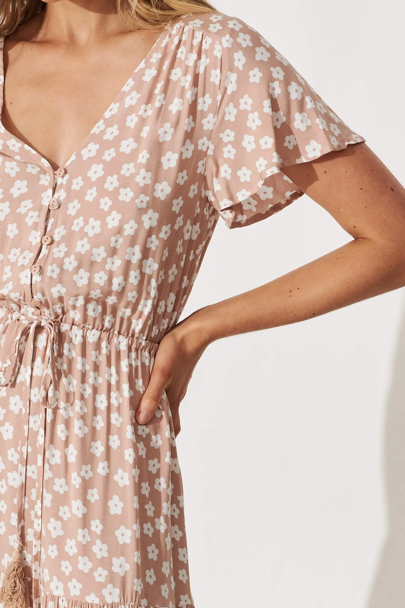 Yara Maxi Dress In Beige With White Flower Print sold by St Frock product image thumbnail 5