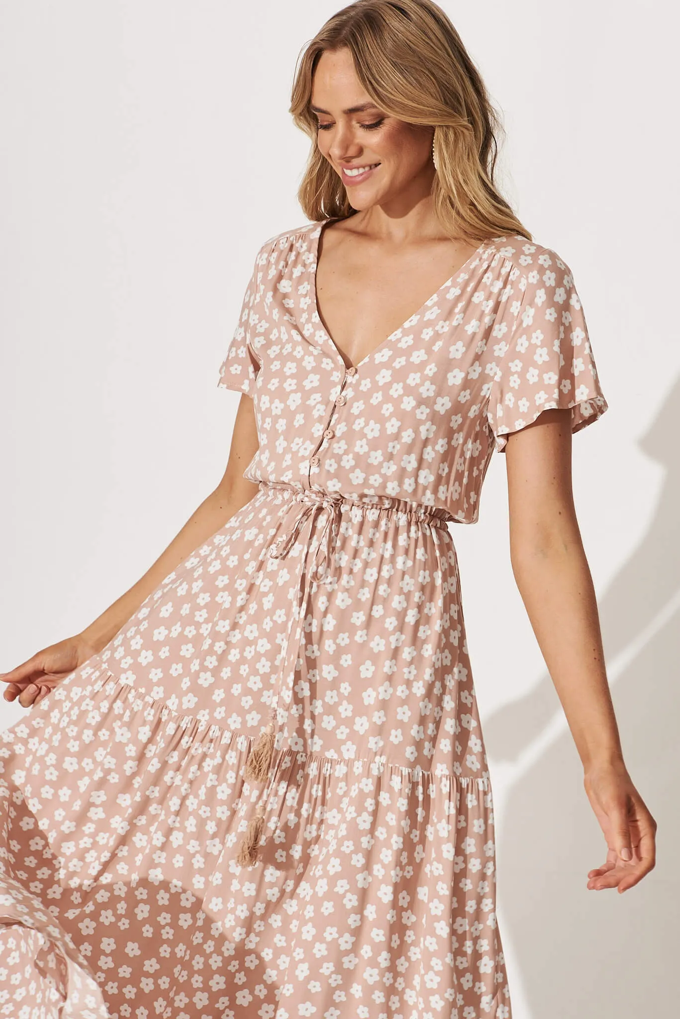 Yara Maxi Dress In Beige With White Flower Print sold by St Frock product image thumbnail 2