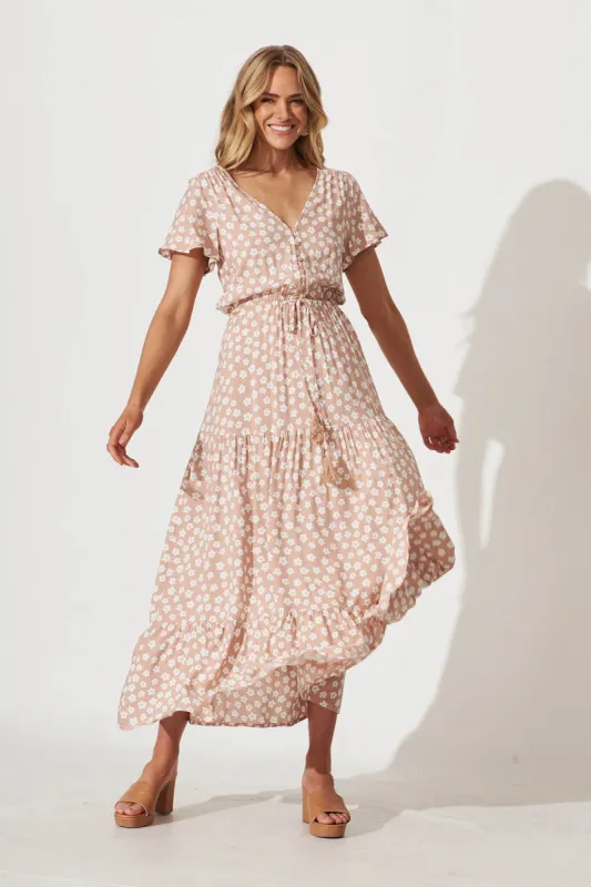 Yara Maxi Dress In Beige With White Flower Print sold by St Frock