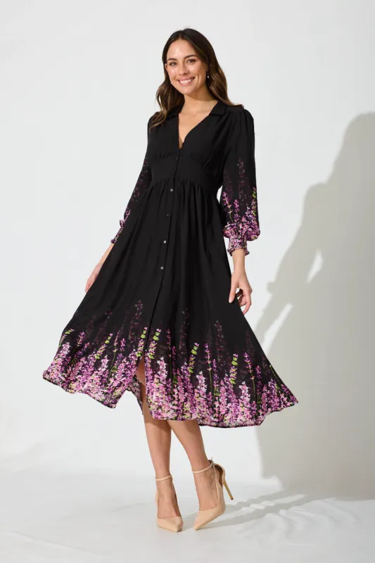 Paradise Midi Dress In Black With Lilac Floral Chiffon sold by St Frock