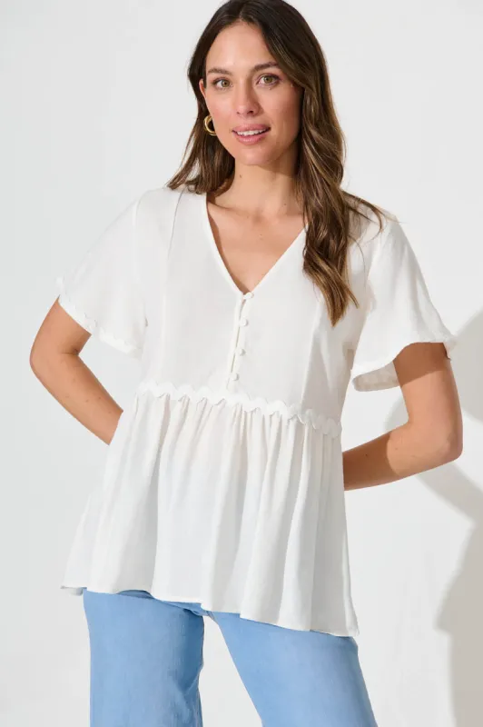 Rory Top In White With Ric Rac Trim Linen Blend sold by St Frock