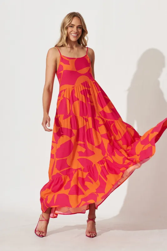 Matilda Maxi Sundress In Tangerine With Pink Print sold by St Frock