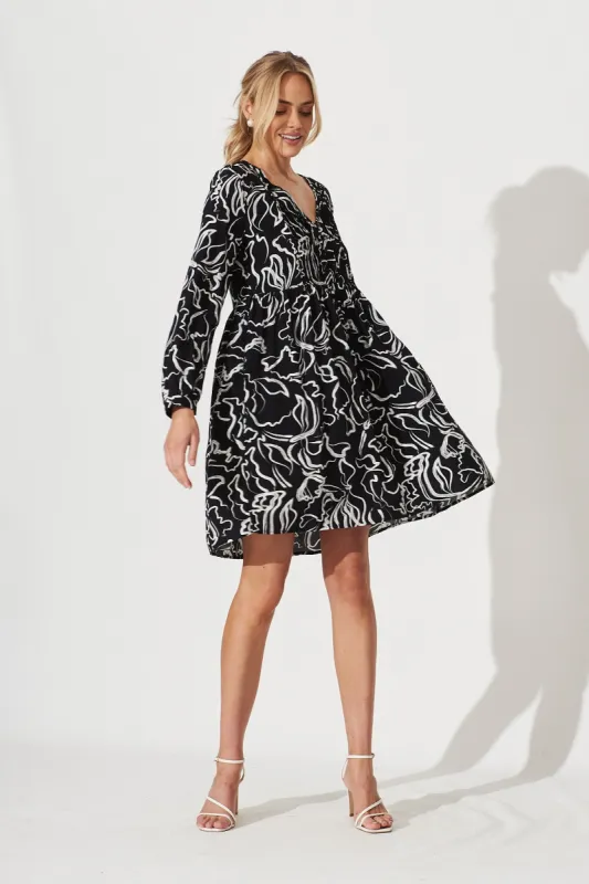 Saba Smock Dress In Black With White Swirl Print sold by St Frock