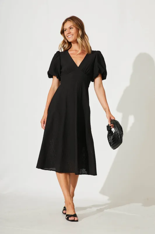 Zeta Midi Dress In Black Textured Organza Cotton Blend sold by St Frock