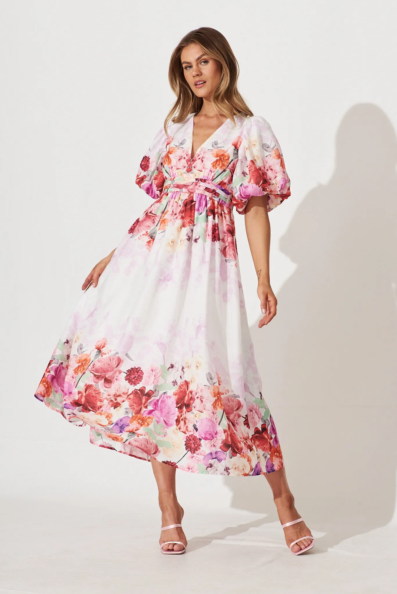 Divine Maxi Dress In White With Pink Multi Floral Print sold by St Frock