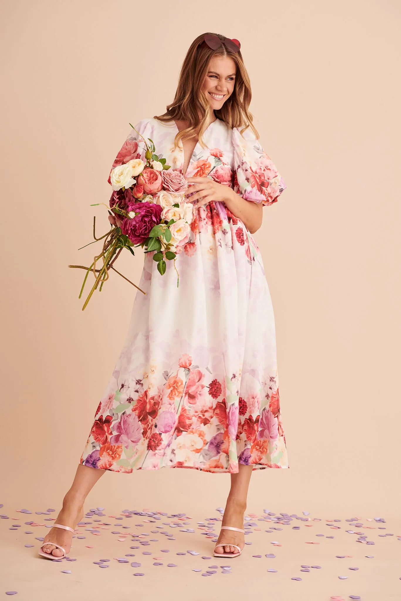 Divine Maxi Dress In White With Pink Multi Floral Print sold by St Frock product image thumbnail 4