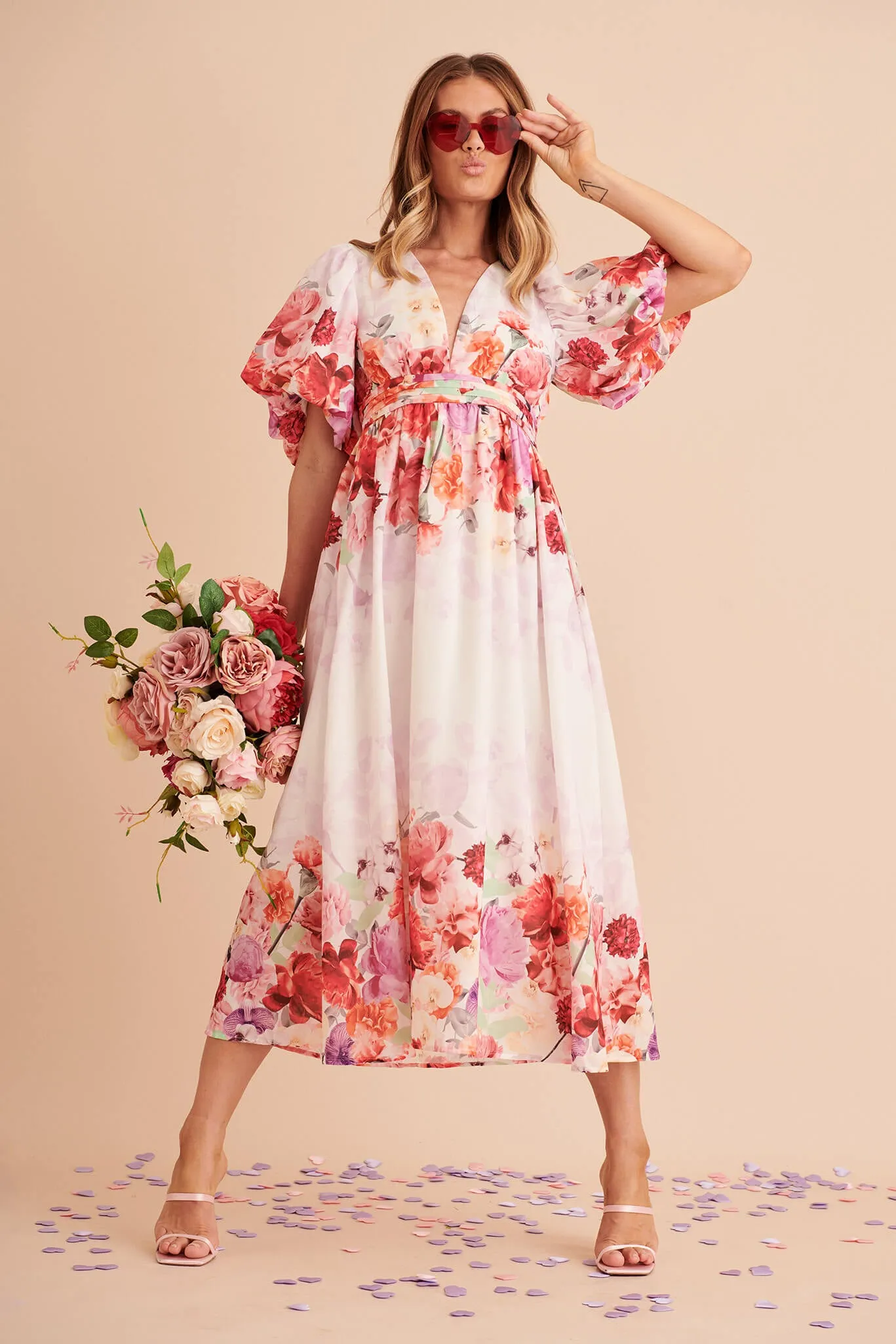 Divine Maxi Dress In White With Pink Multi Floral Print sold by St Frock product image thumbnail 2
