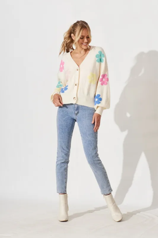 Ivanna Knit Cardigan In Cream With Floral Wool Blend sold by St Frock
