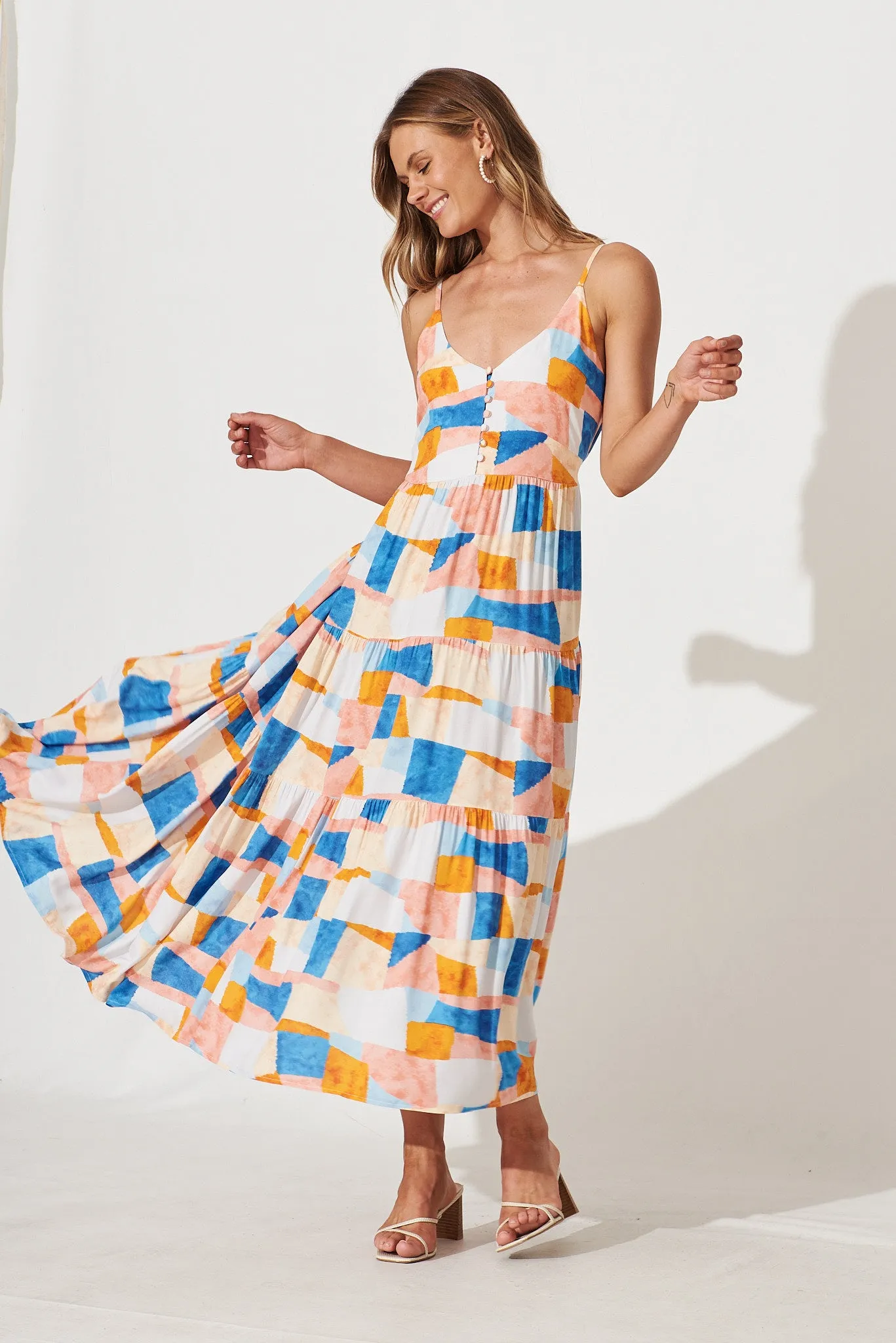 Malinda Maxi Sundress In Abstract Squares Print sold by St Frock