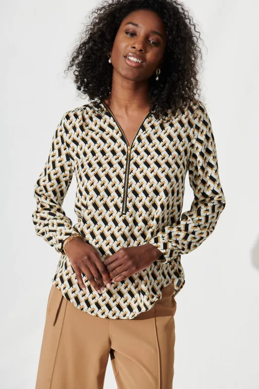 Emerson Zip Top In Black And Cream Geometric sold by St Frock