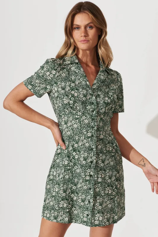 Zuri Shirt Dress In Green With Ivory Floral Cotton sold by St Frock