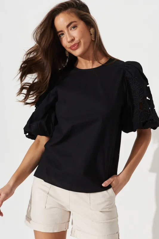 Keina Top In Black Linen Blend sold by St Frock