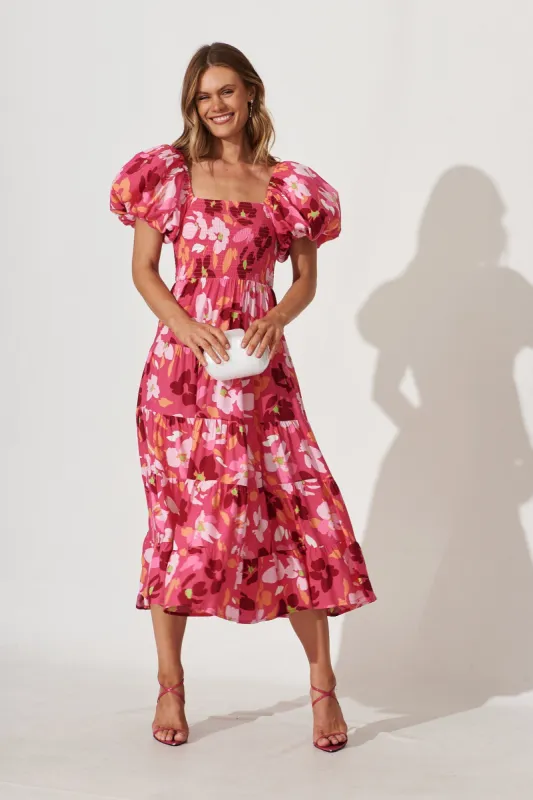 Kaitlyn Midi Dress In Bright Pink Floral Print sold by St Frock
