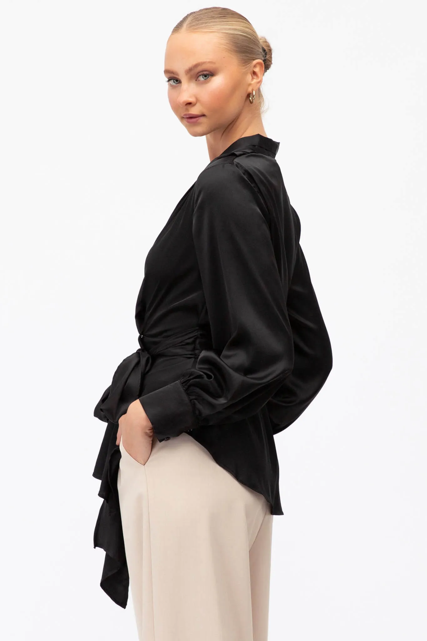 Wanda Wrap Top In Black Satin sold by St Frock product image thumbnail 2