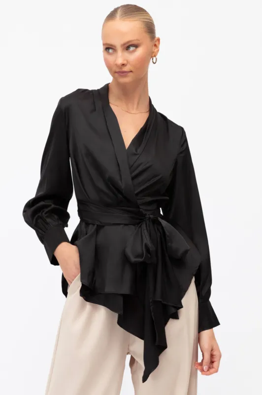 Wanda Wrap Top In Black Satin sold by St Frock