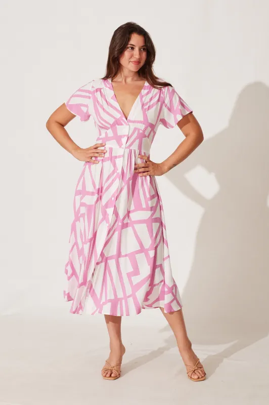 Anthea Midi Dress In White With Pink Geo Print sold by St Frock