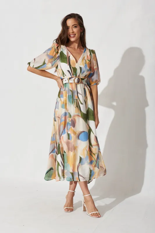 Dilly Midi Dress In White With Multi Apricot Floral sold by St Frock