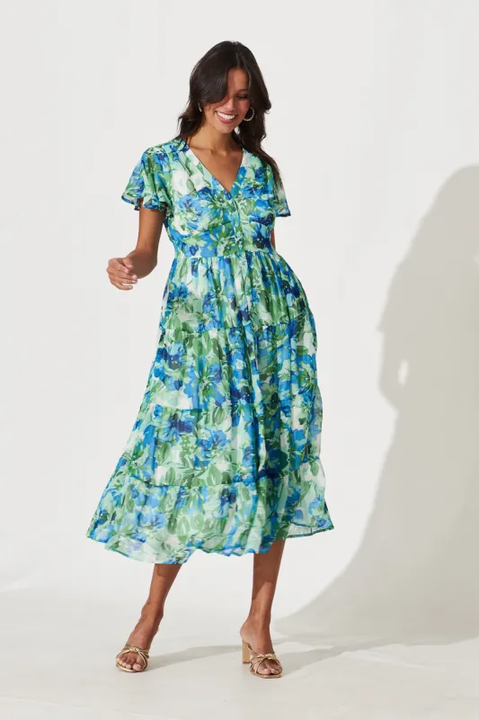 Beautiful Lover Midi Dress In Green Floral Lurex Chiffon sold by St Frock