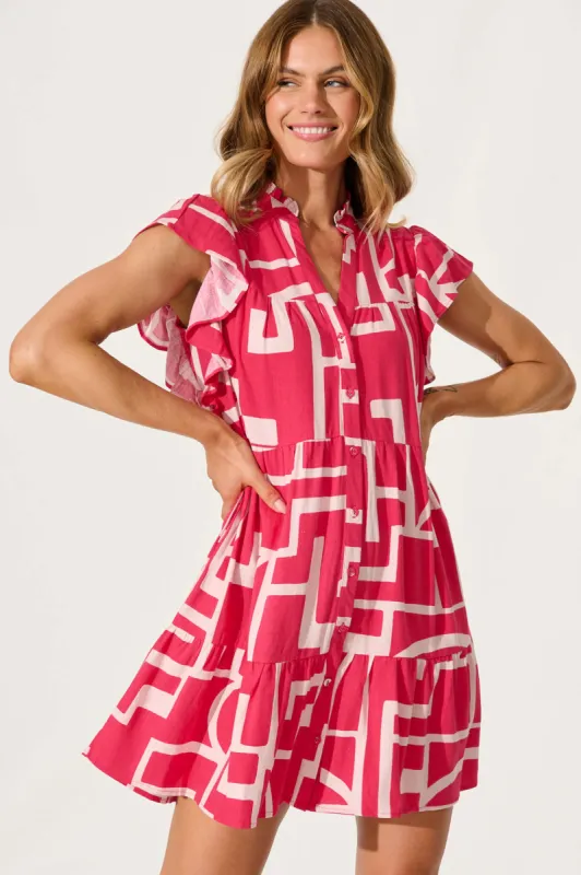 Rosanna Smock Dress In Pink Geometric Linen Blend sold by St Frock