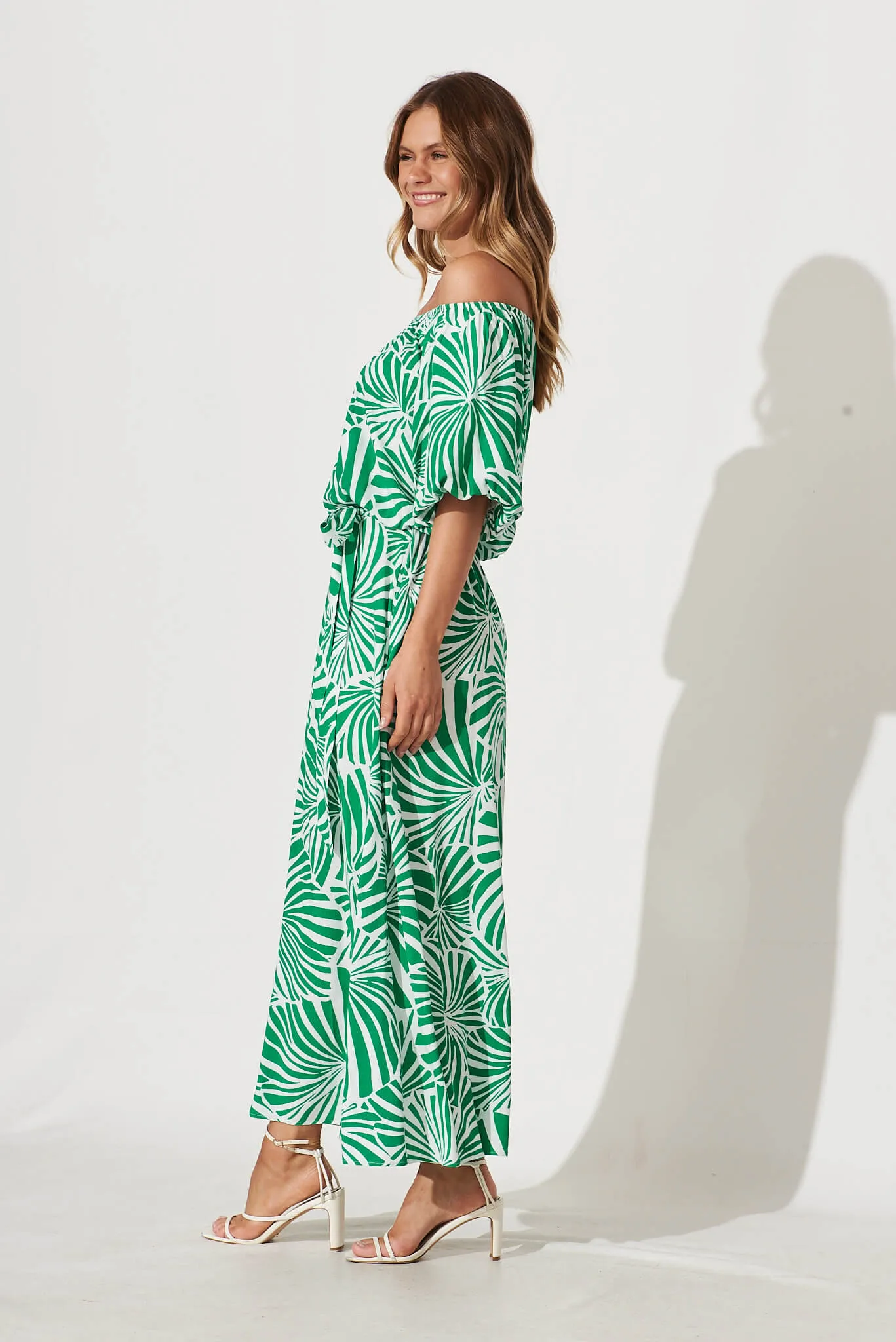 Raquelle Maxi Dress In Green And White Palm Print sold by St Frock product image thumbnail 3