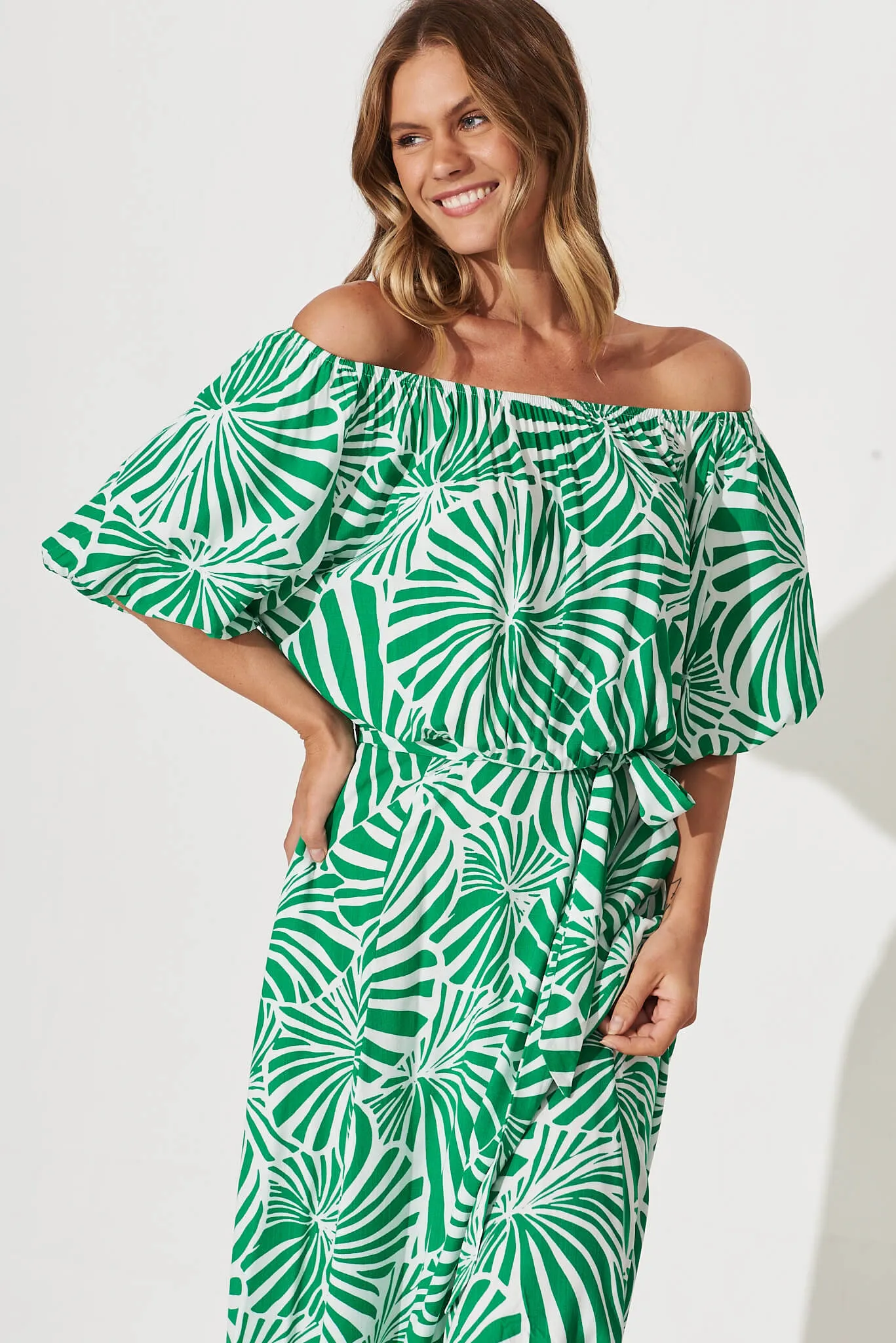 Raquelle Maxi Dress In Green And White Palm Print sold by St Frock product image thumbnail 2