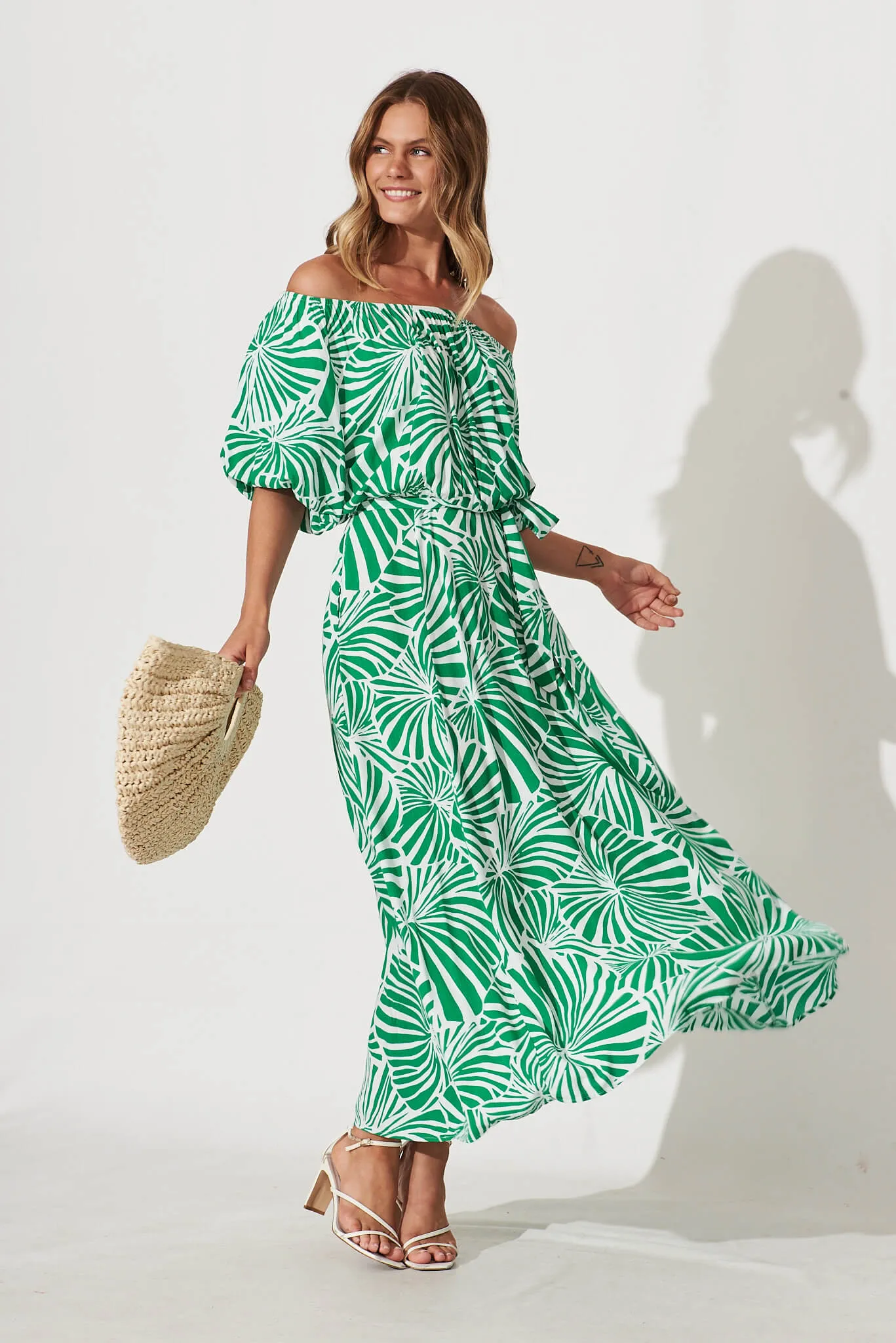 Raquelle Maxi Dress In Green And White Palm Print sold by St Frock