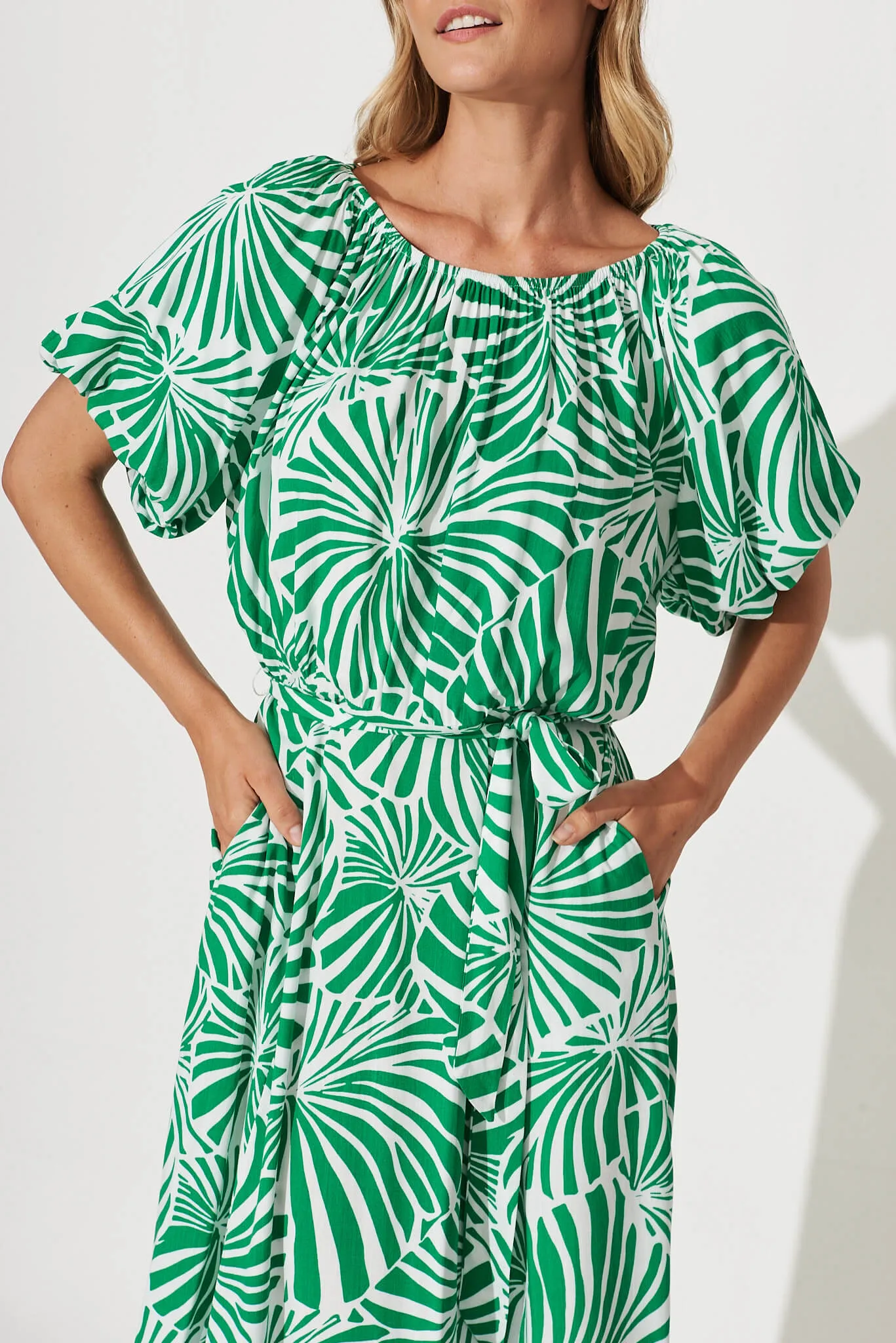 Raquelle Maxi Dress In Green And White Palm Print sold by St Frock product image thumbnail 5
