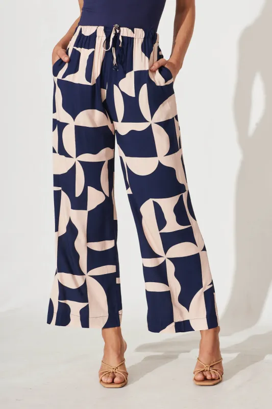 Oceanside Pants In Navy And Cream Geometric Print sold by St Frock