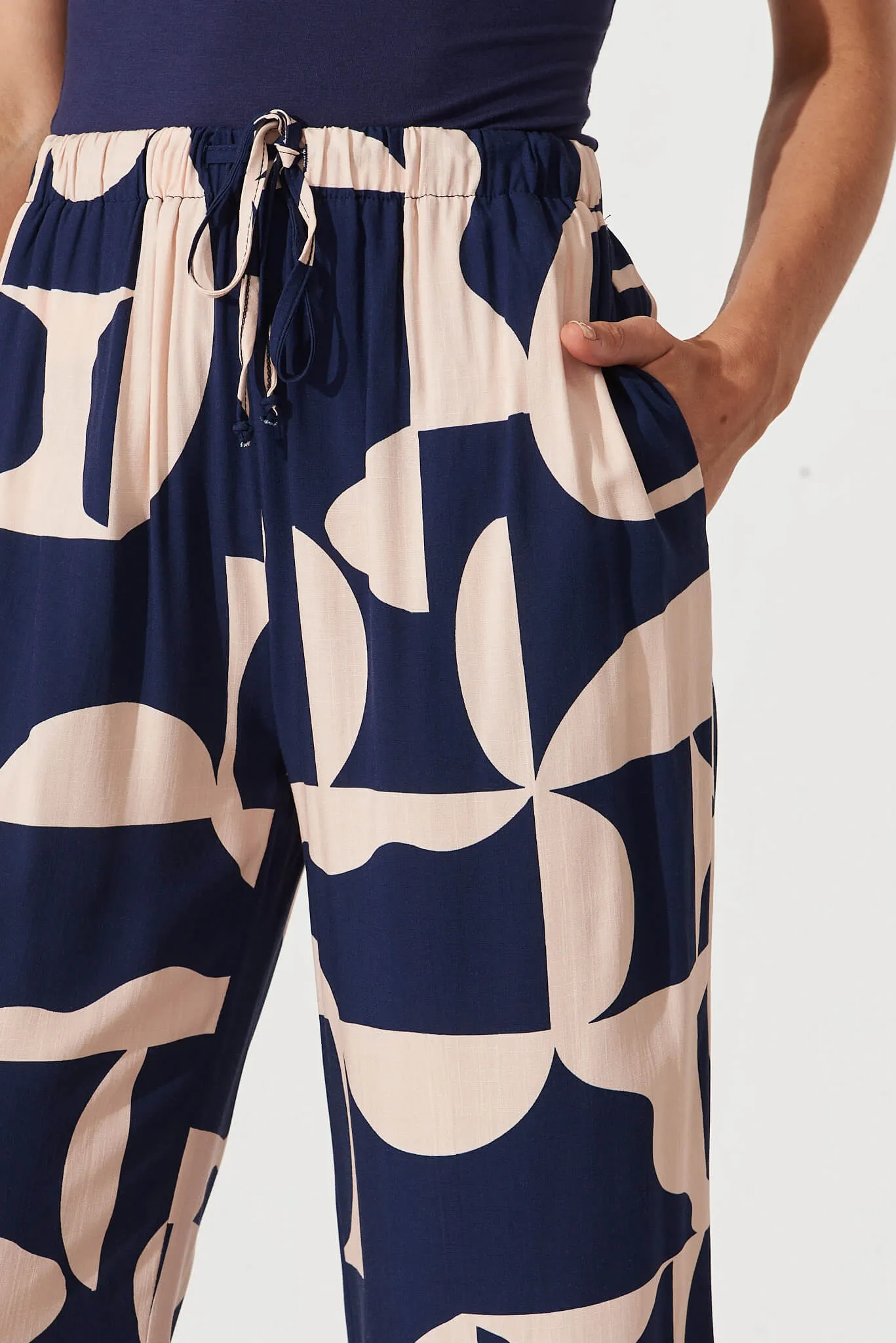 Oceanside Pants In Navy And Cream Geometric Print sold by St Frock product image thumbnail 5