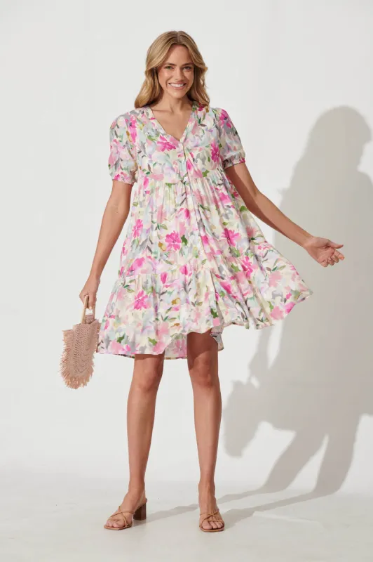 Annie Smock Dress In White With Pink Multi Floral Cotton Blend sold by St Frock
