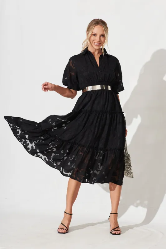 Brittney Midi Dress In Black Burnout Chiffon sold by St Frock