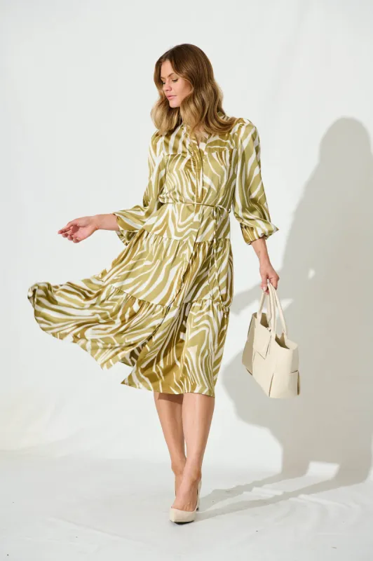 Mary Midi Dress In Khaki Swirl Satin sold by St Frock