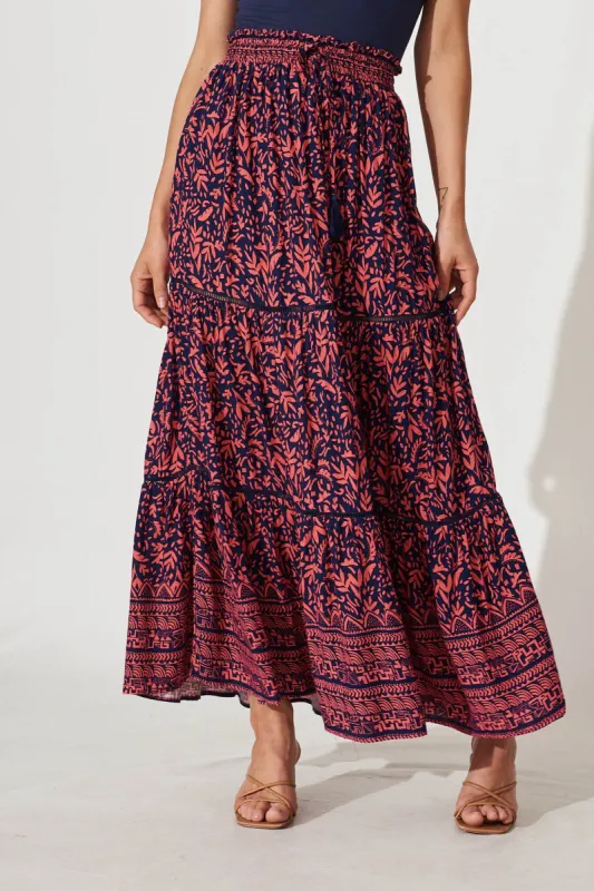 Freedom Maxi Skirt In Navy With Coral Border Print sold by St Frock