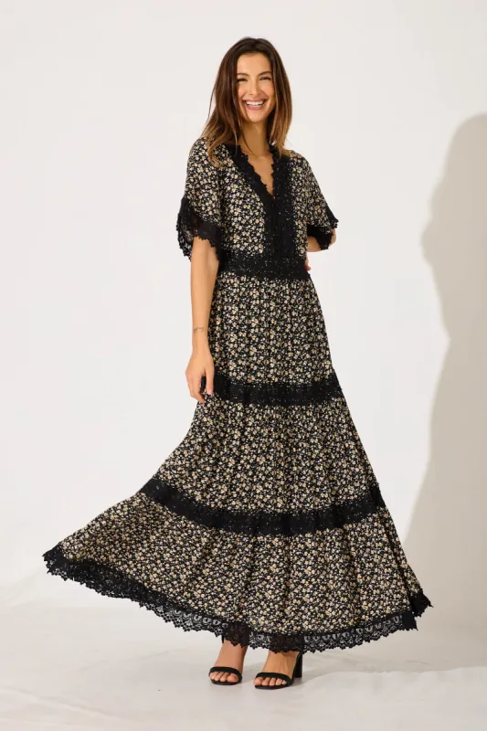Mona Maxi Dress In Black With Cream Ditsy Floral sold by St Frock