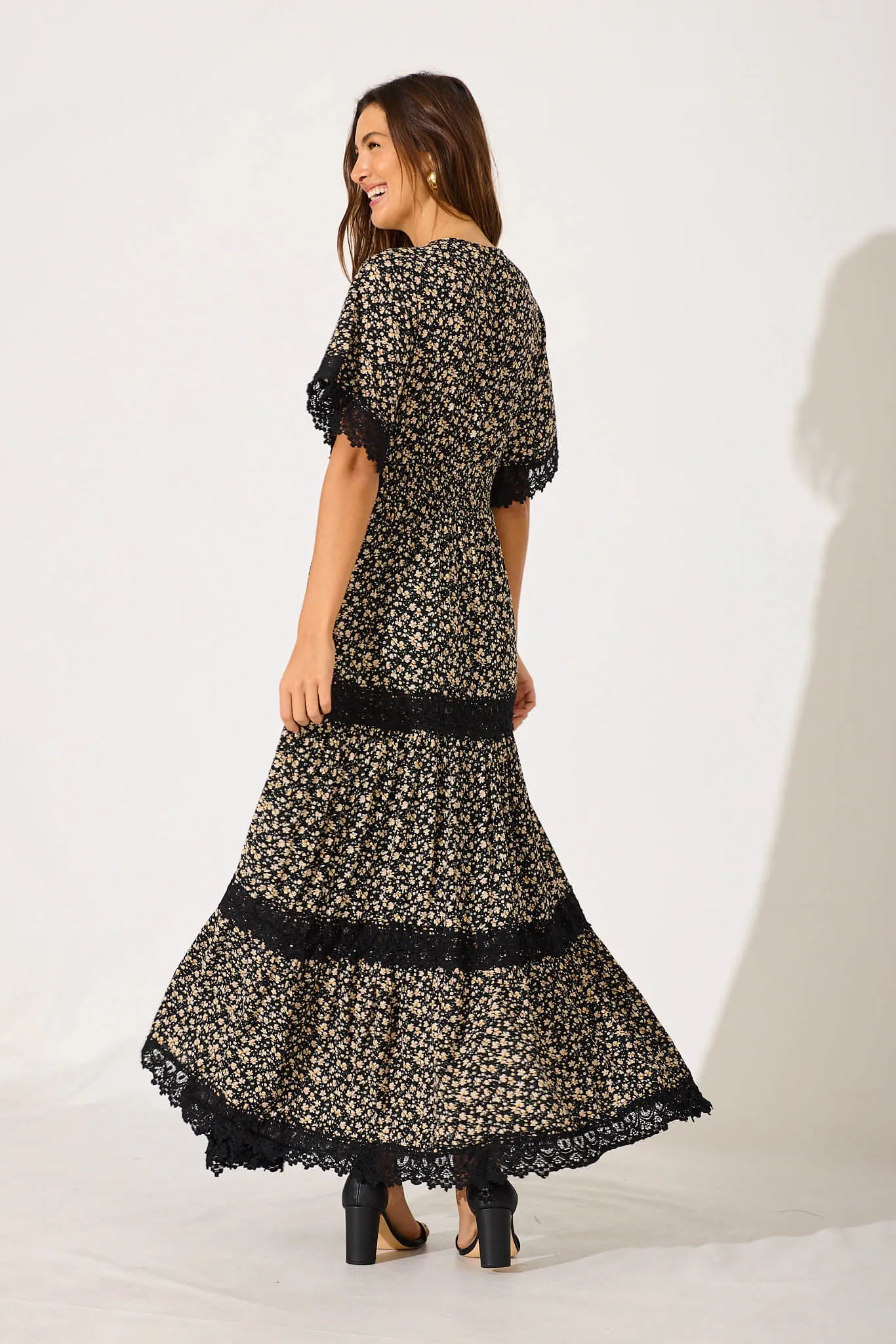 Mona Maxi Dress In Black With Cream Ditsy Floral sold by St Frock product image thumbnail 4