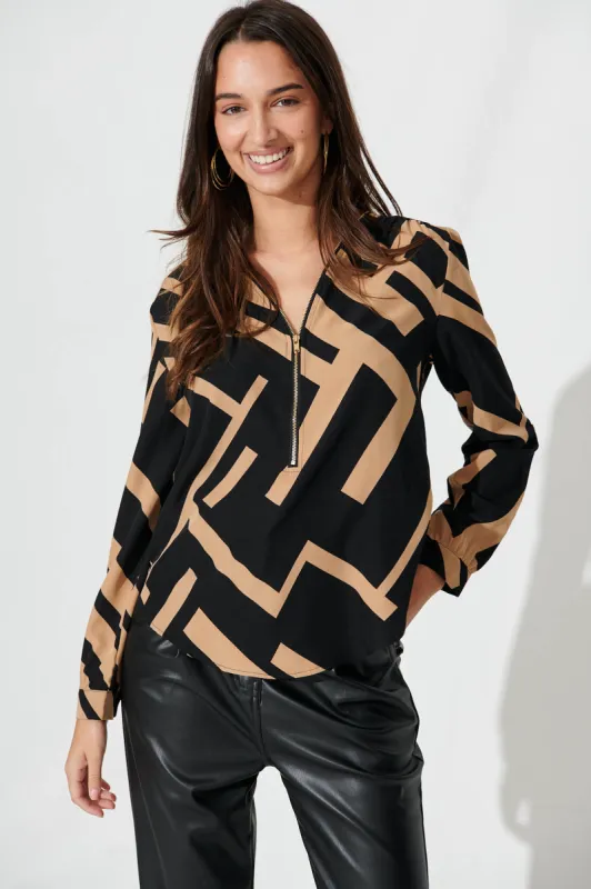 Emerson Zip Top In Black And Tan Geometric sold by St Frock
