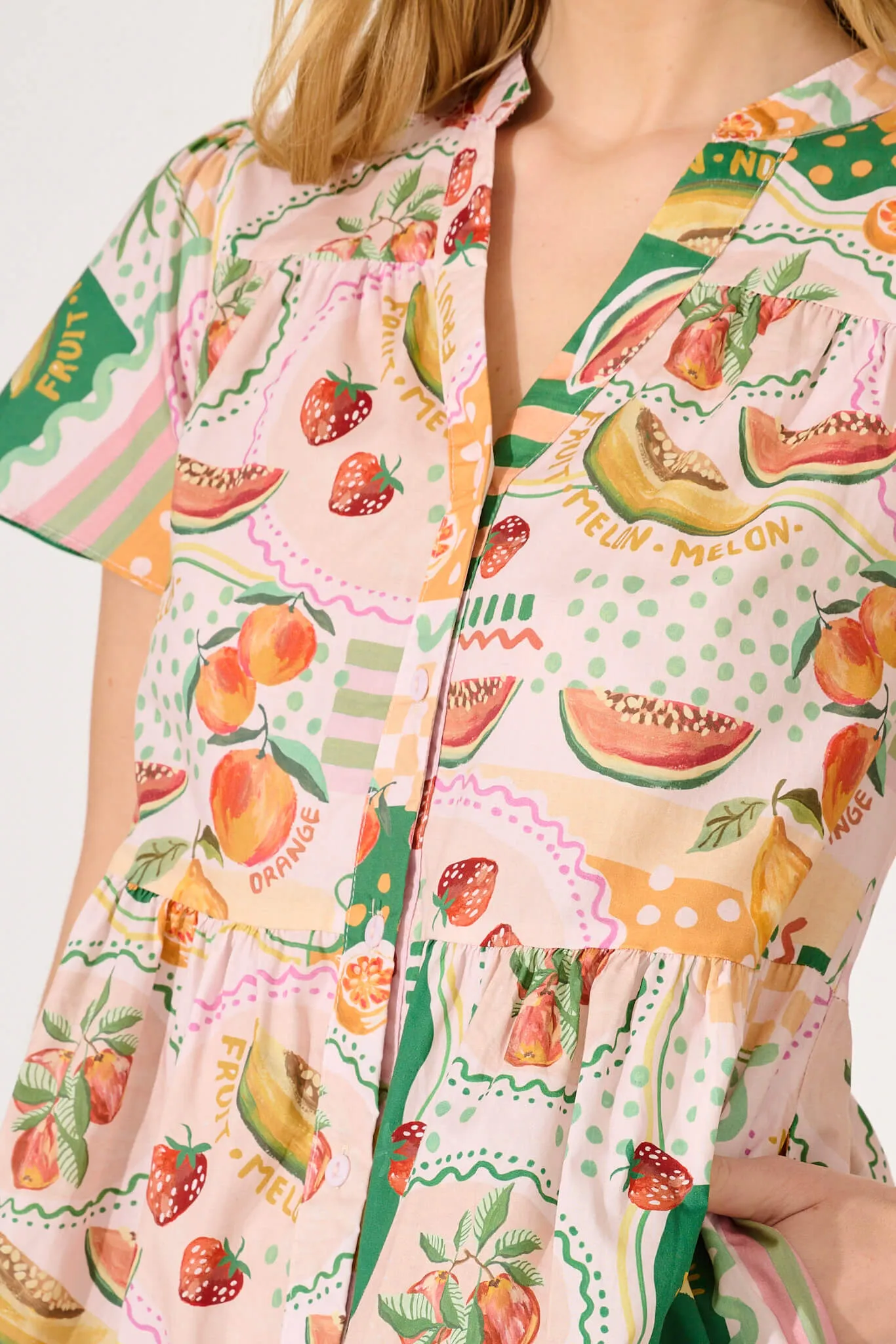 Dana Smock Dress In Pink With Multi Fruit Print Cotton sold by St Frock product image thumbnail 5