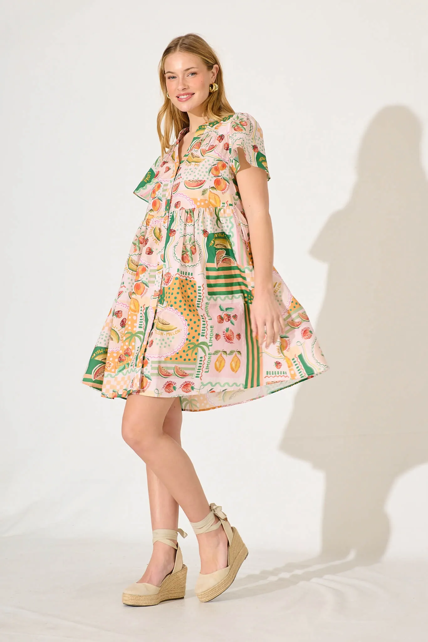 Dana Smock Dress In Pink With Multi Fruit Print Cotton sold by St Frock product image thumbnail 3