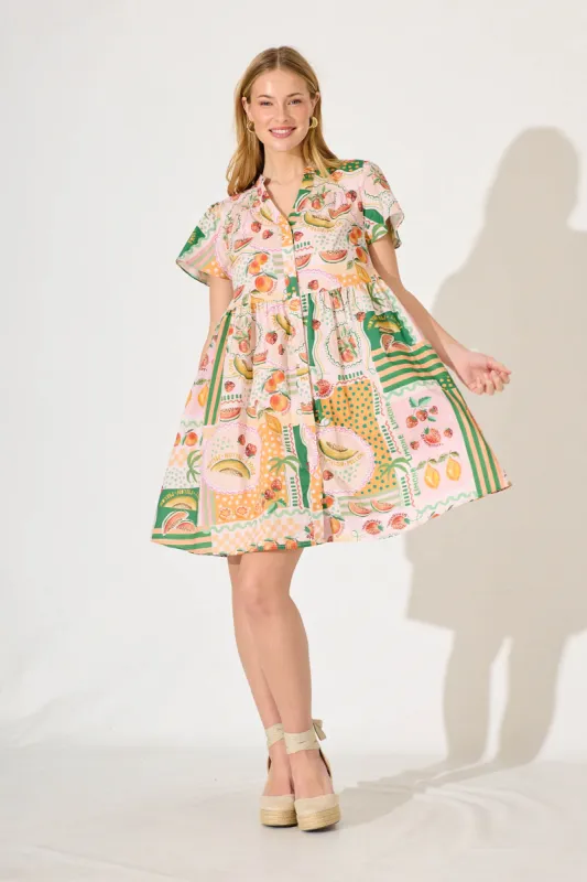 Dana Smock Dress In Pink With Multi Fruit Print Cotton sold by St Frock