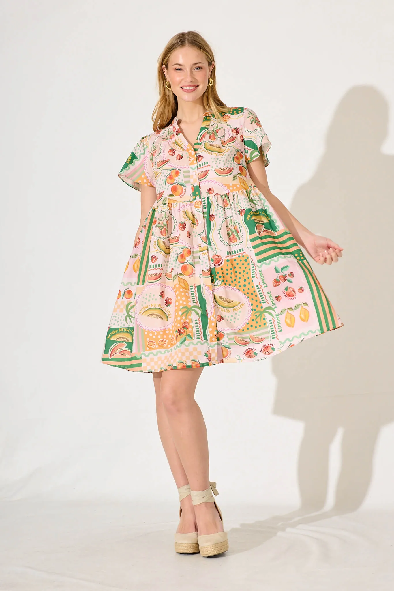 Dana Smock Dress In Pink With Multi Fruit Print Cotton sold by St Frock