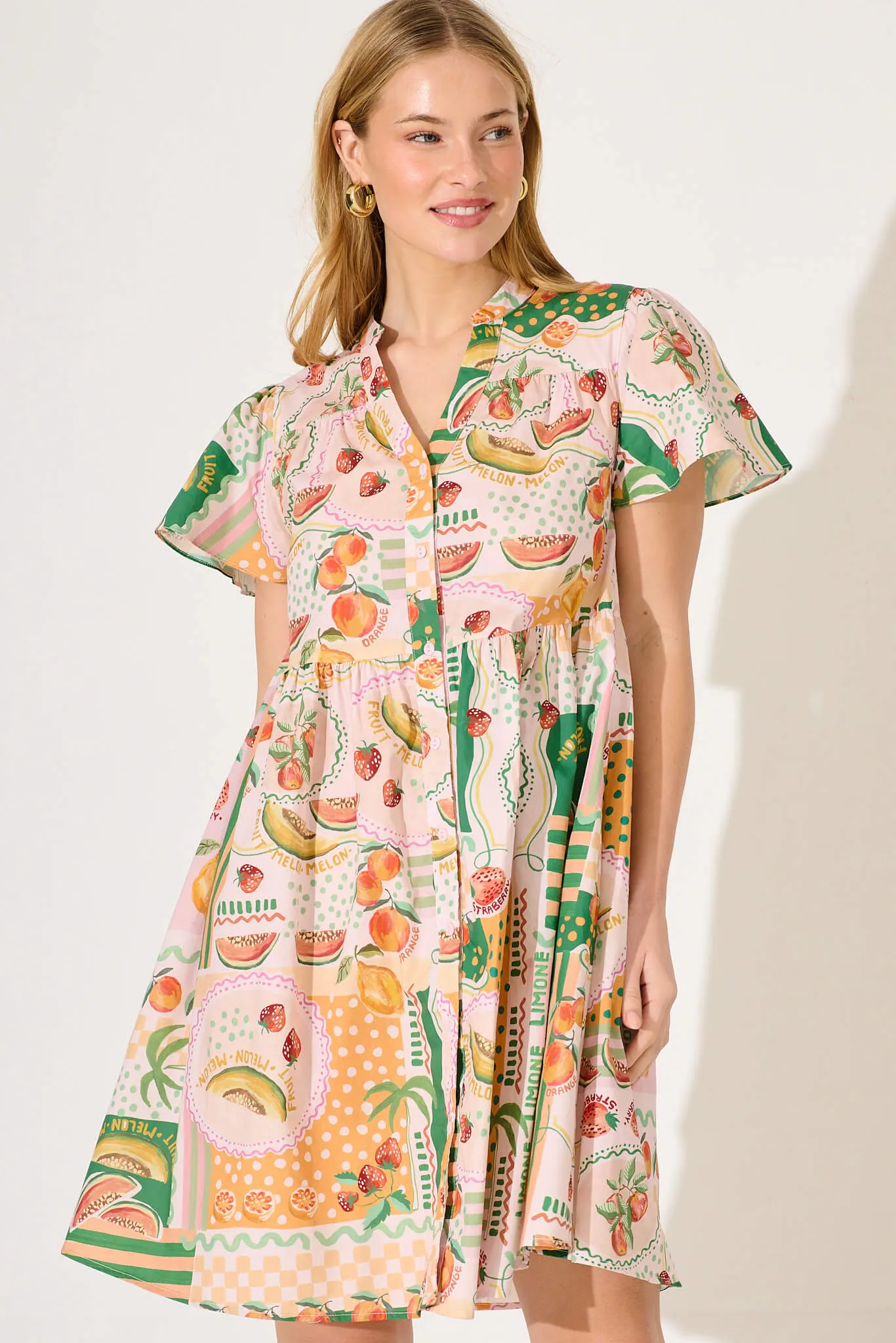 Dana Smock Dress In Pink With Multi Fruit Print Cotton sold by St Frock product image thumbnail 2