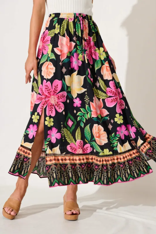 End Of Time Maxi Skirt In Black With Bright Multi Floral sold by St Frock