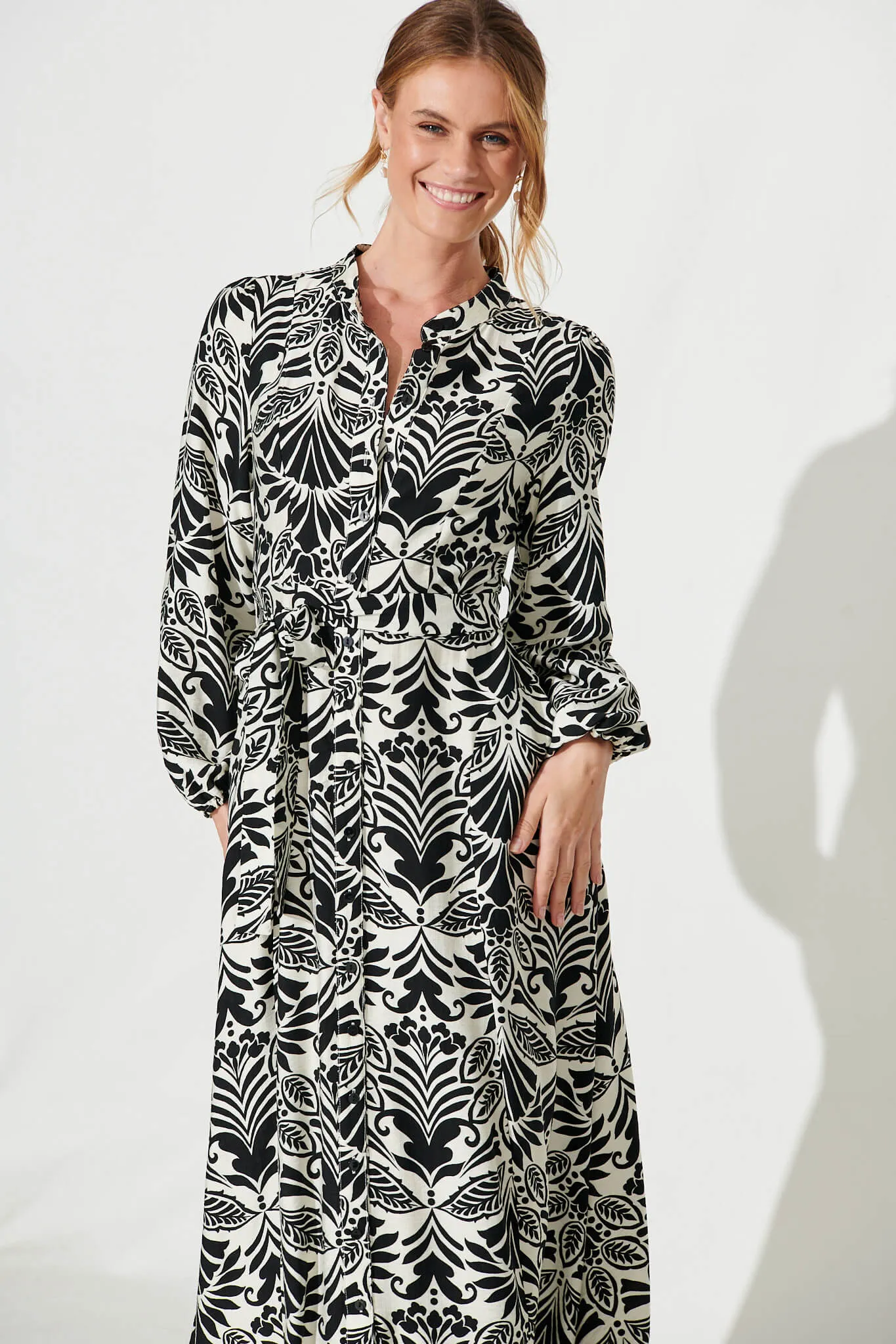 Lorie Maxi Shirt Dress In Black Monochrome Cotton Blend sold by St Frock product image thumbnail 2