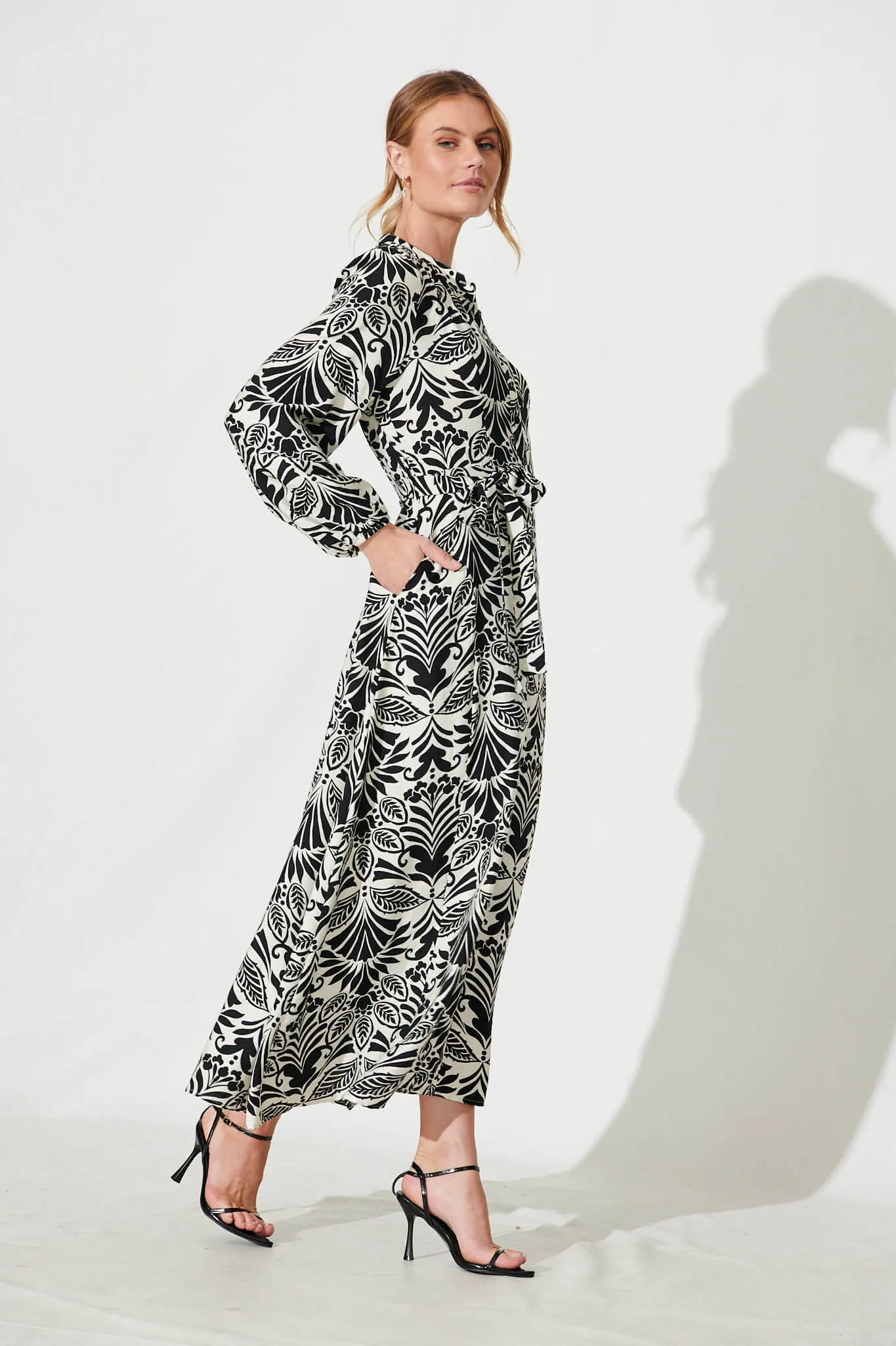 Lorie Maxi Shirt Dress In Black Monochrome Cotton Blend sold by St Frock product image thumbnail 4